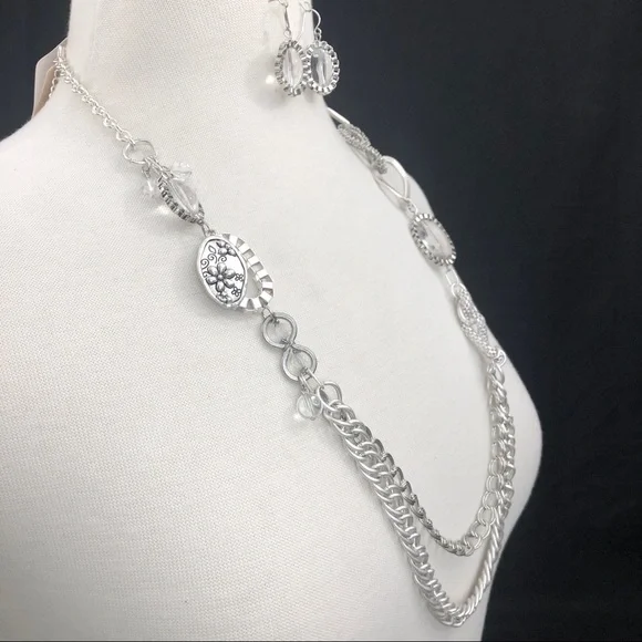 2 Row Abstract Silver Chain Long Necklace Set - Picture 2 of 4